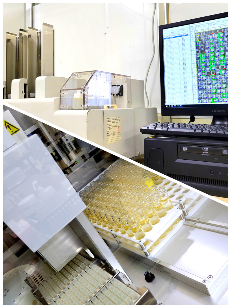 自動菌液分注装置(下)、微生物感受性分析装置(上)(イノキュレーターΣ192、 DPS MIC192/ID)